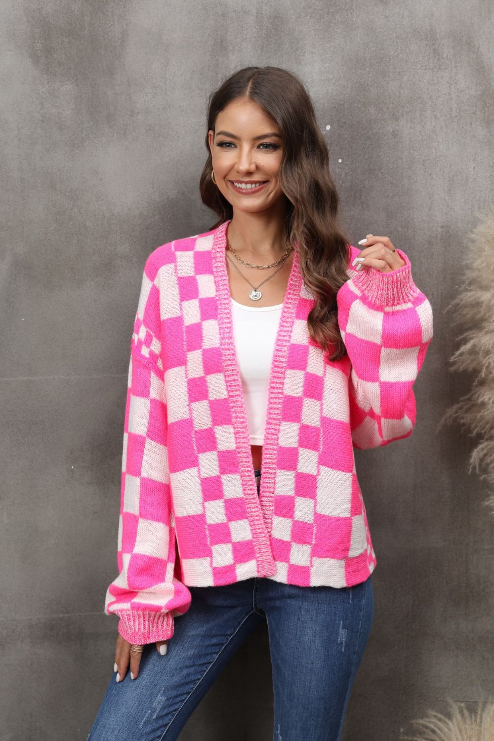 checkered open front drop shoulder cardigan