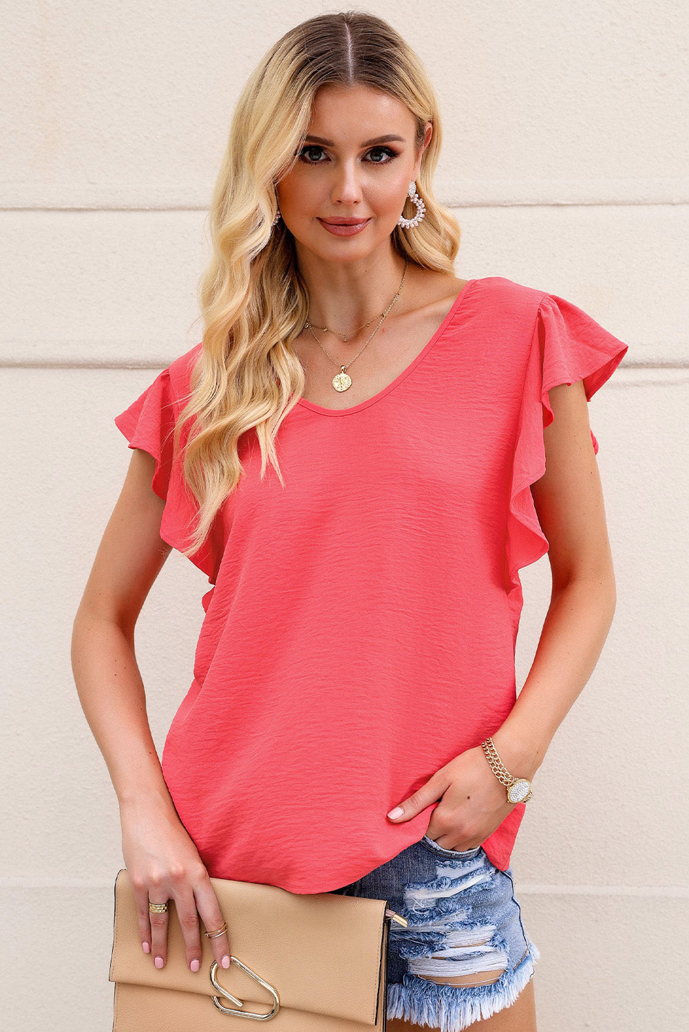 v-neck tied flutter sleeve blouse