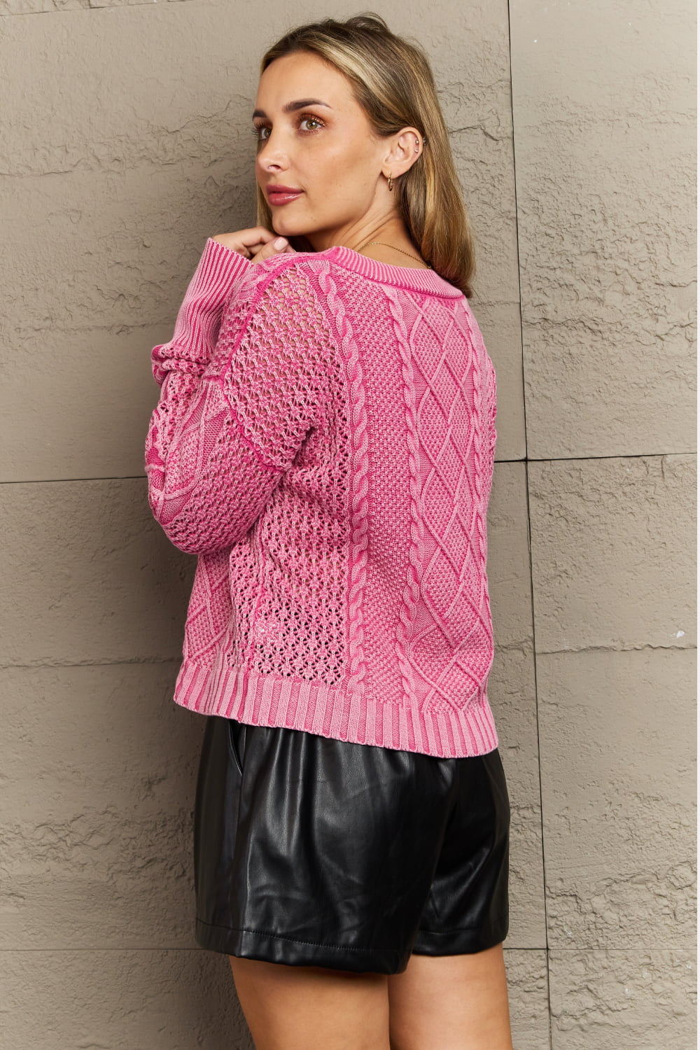 heyson soft focus full size wash cable knit cardigan in fuchsia