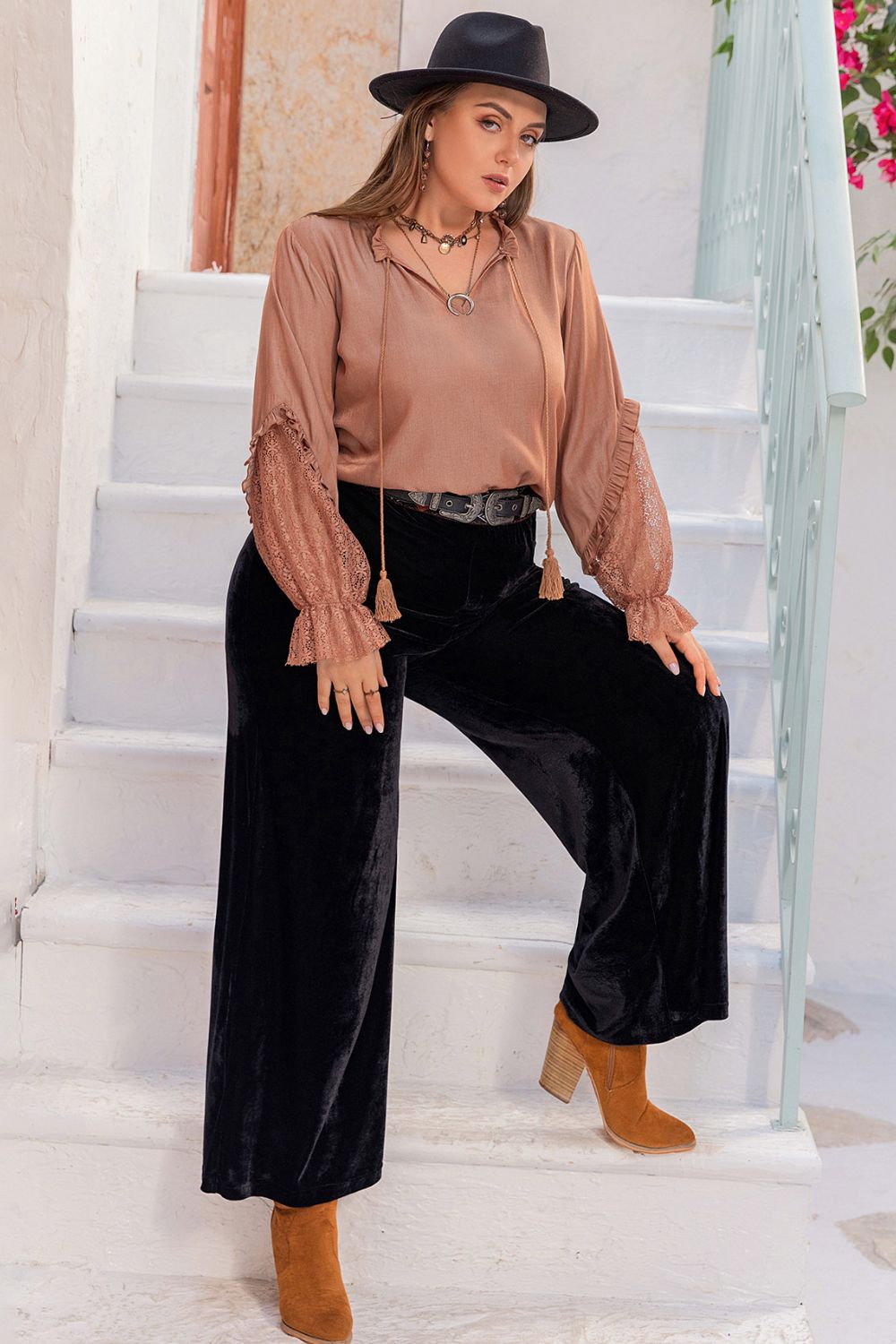 plus size tie neck flounce sleeve blouse