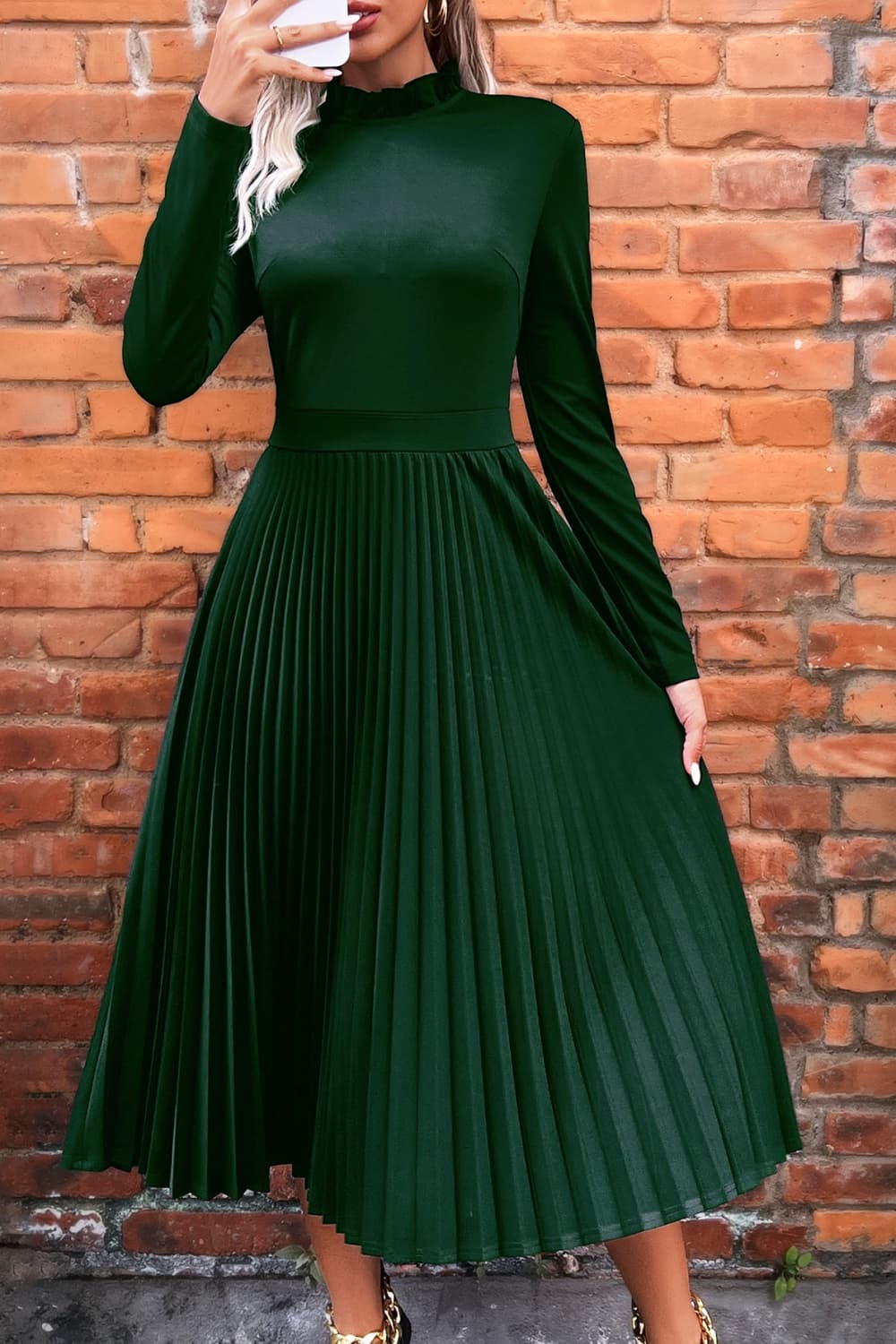 ruffle collar pleated long sleeve dress