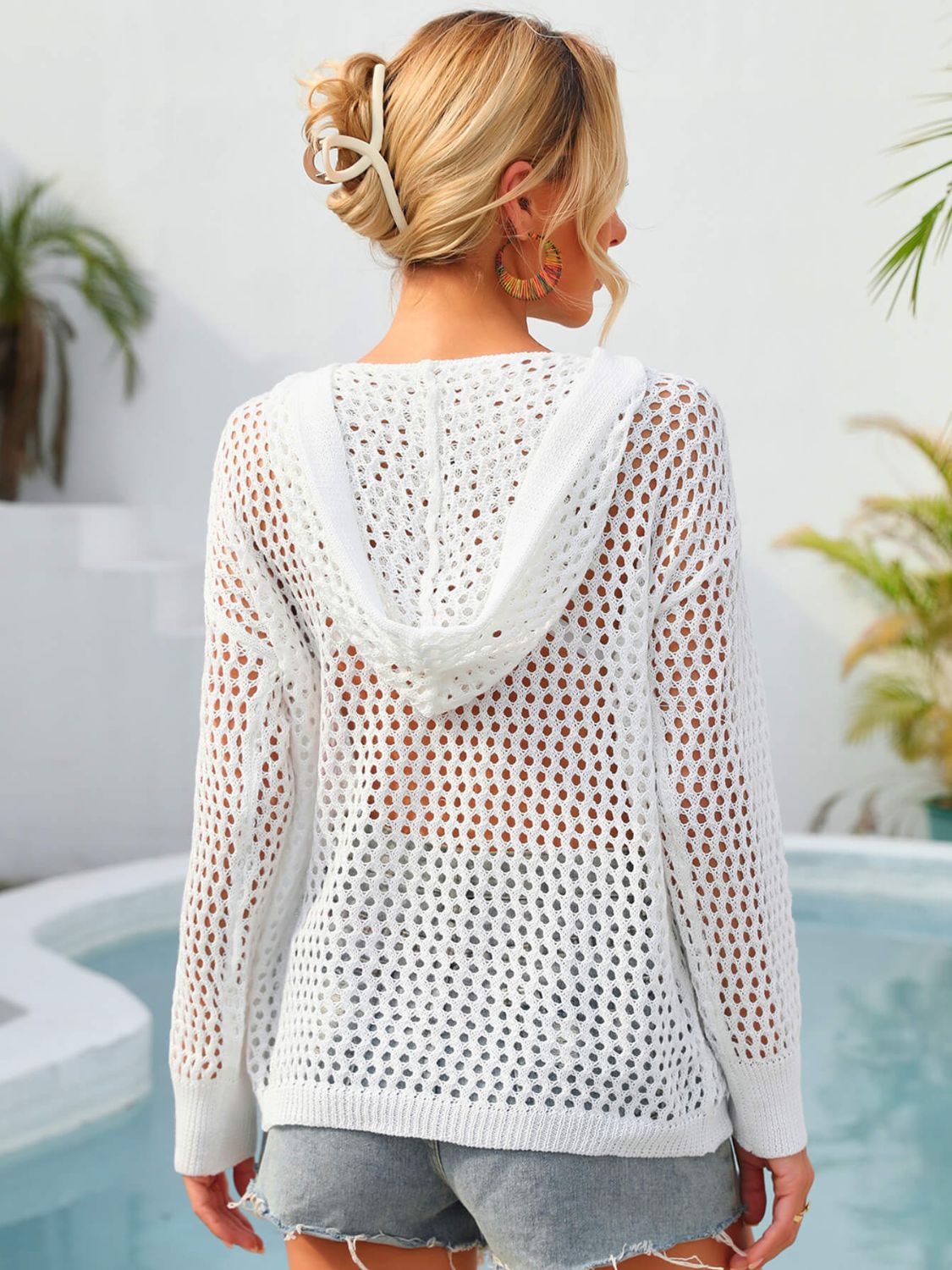 flower graphic lace-up openwork hooded cover up