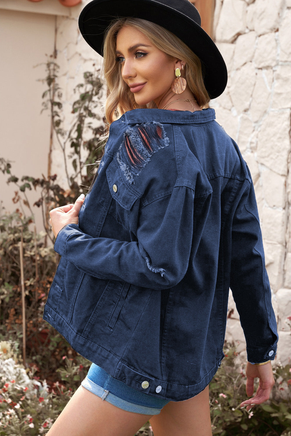 distressed button-up denim jacket with pockets