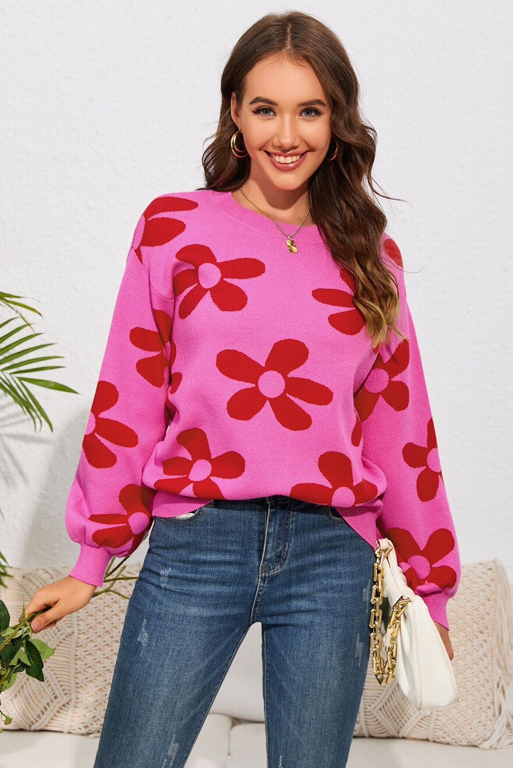 floral print round neck dropped shoulder sweater