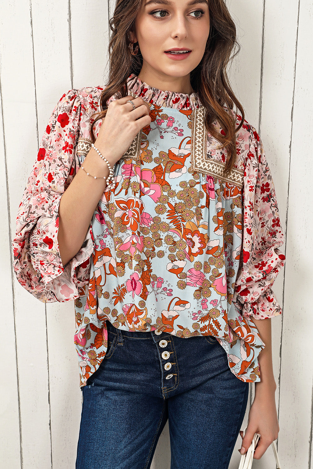 floral print flounce sleeve mock neck blouse