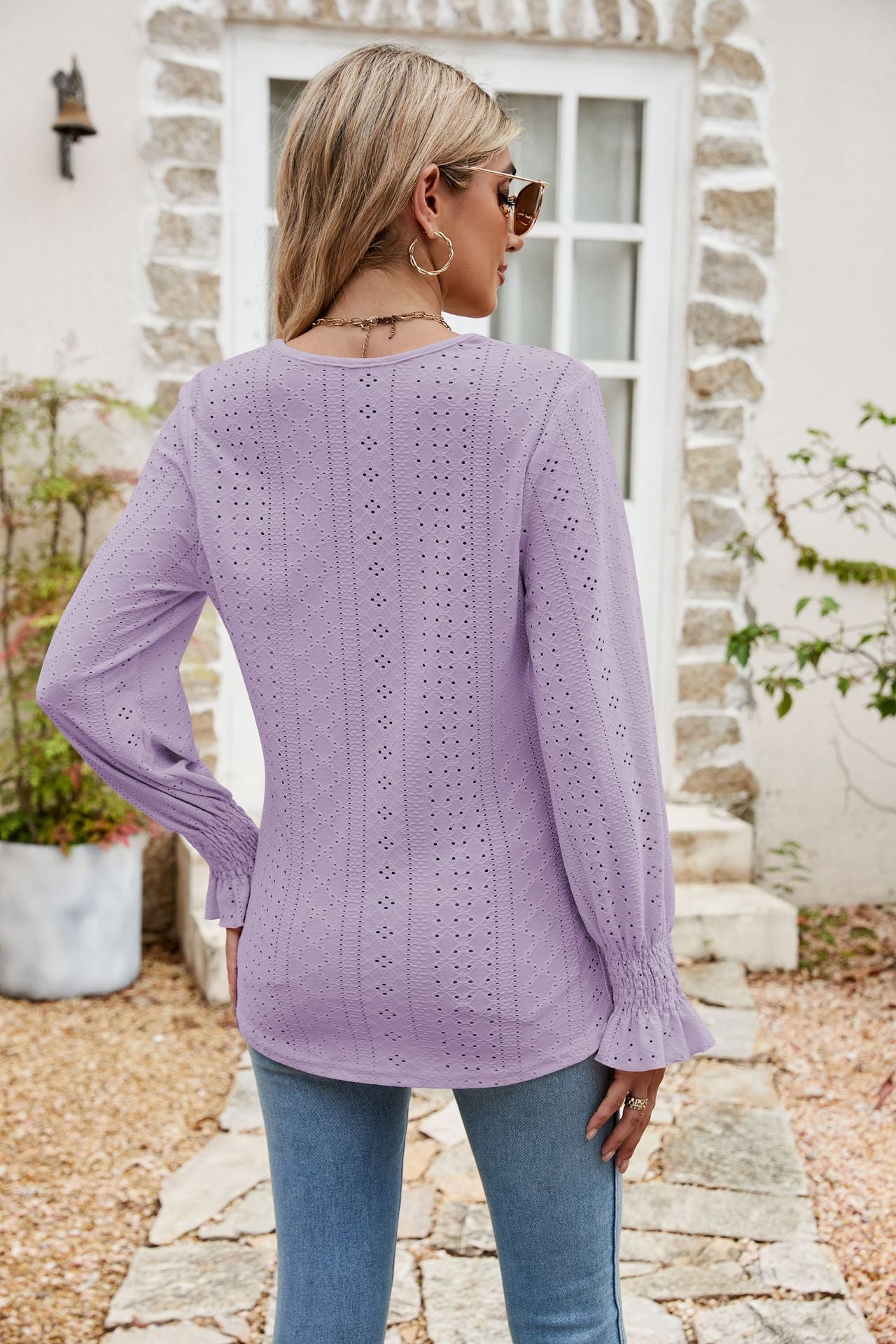 eyelet flounce sleeve v-neck blouse