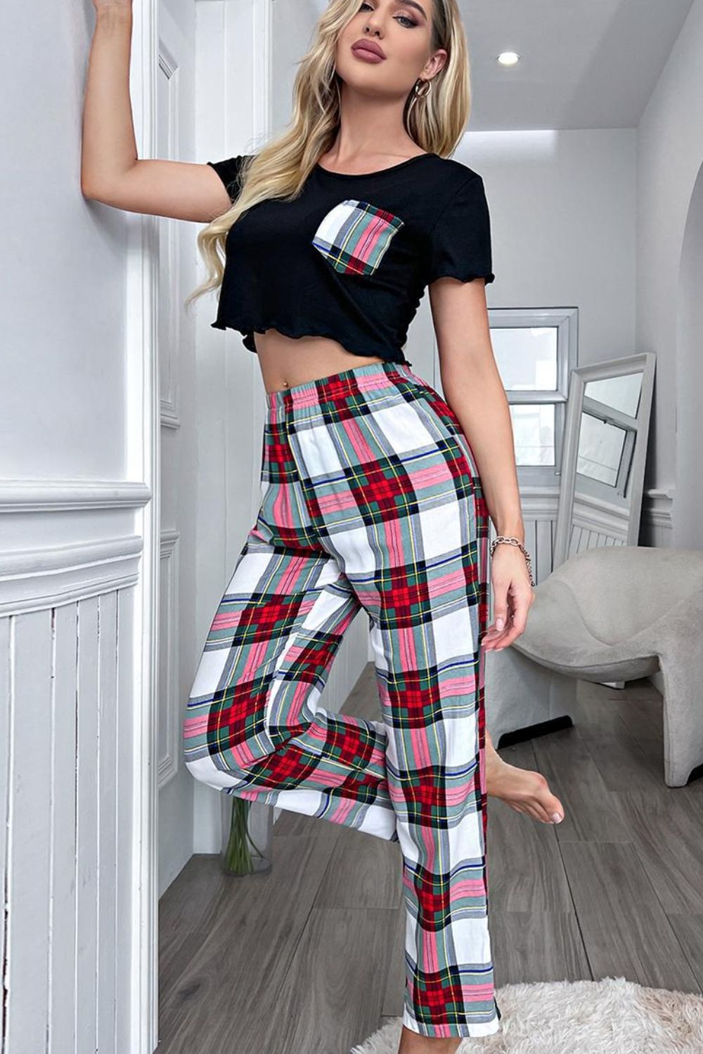 lettuce trim cropped t-shirt and plaid pants lounge set