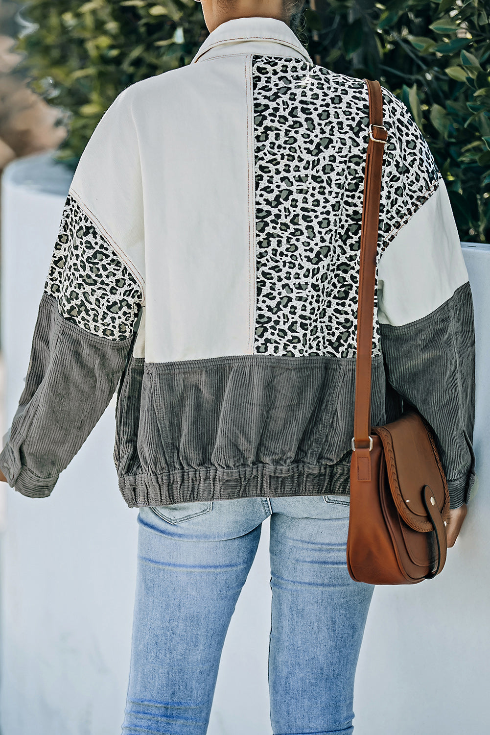 leopard color block button-up corduroy shacket