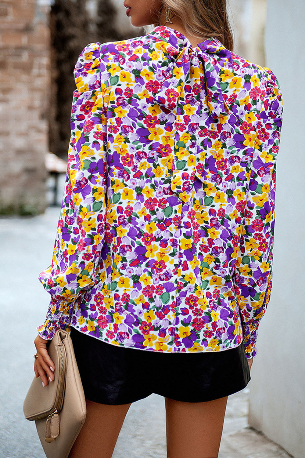 printed smocked puff sleeve blouse