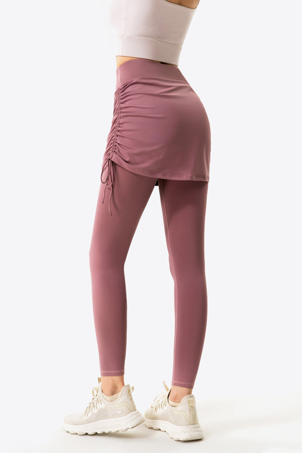 drawstring ruched faux layered yoga leggings