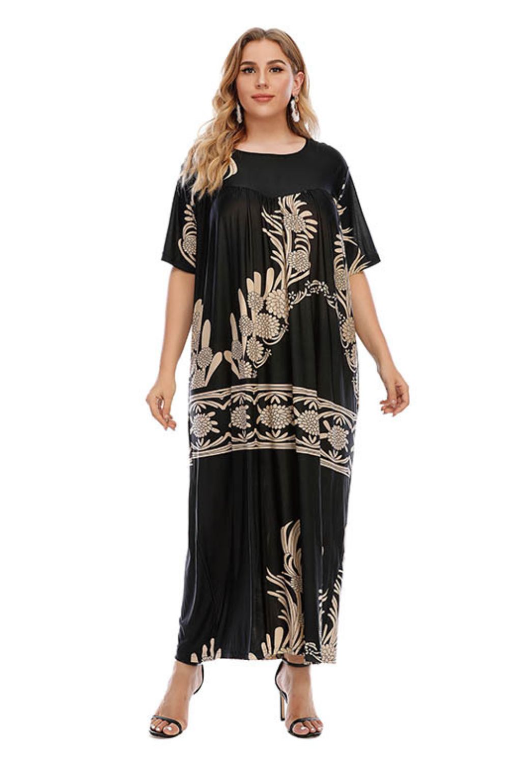 plus size floral round neck half sleeve maxi dress