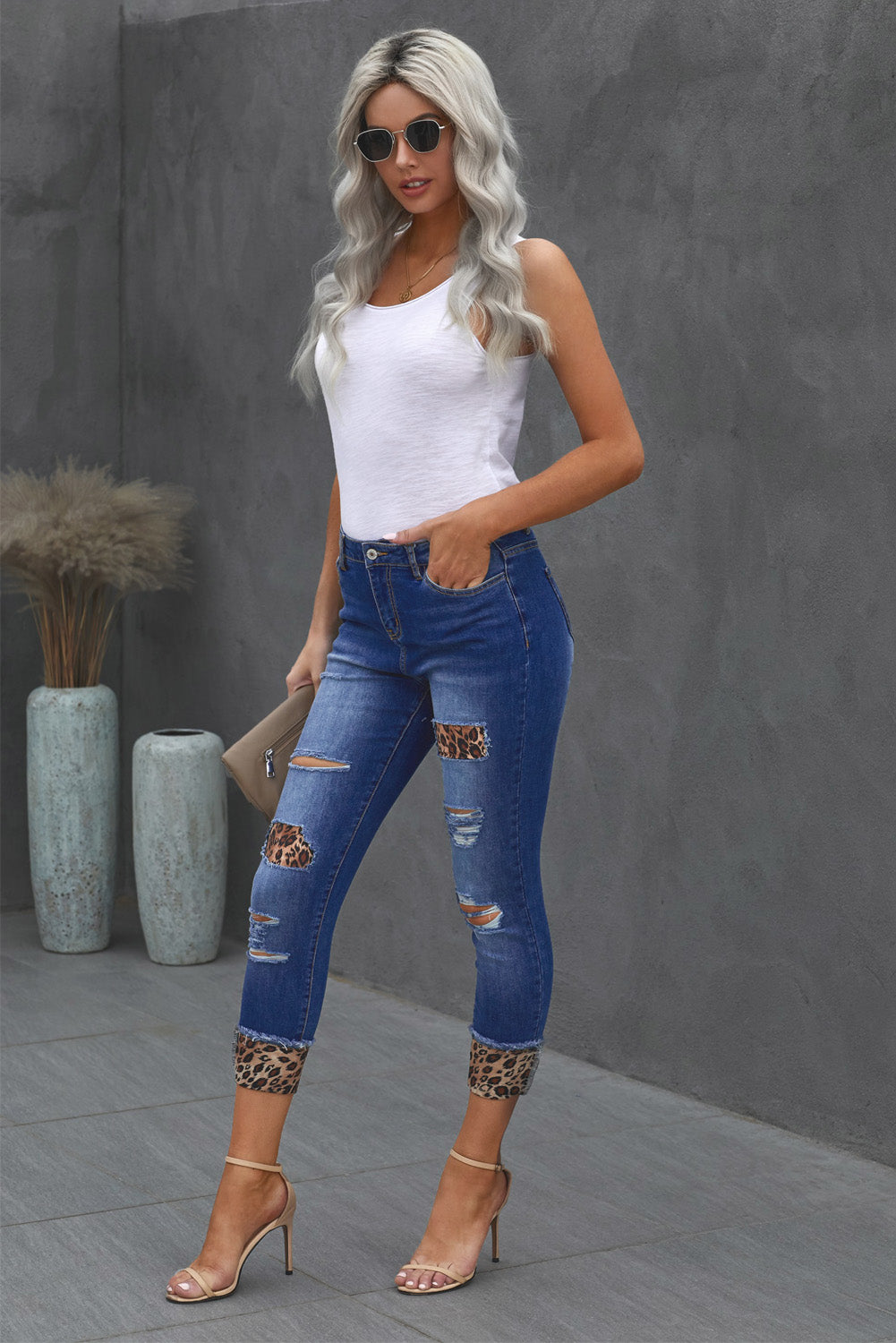 baeful leopard patch distressed cropped jeans