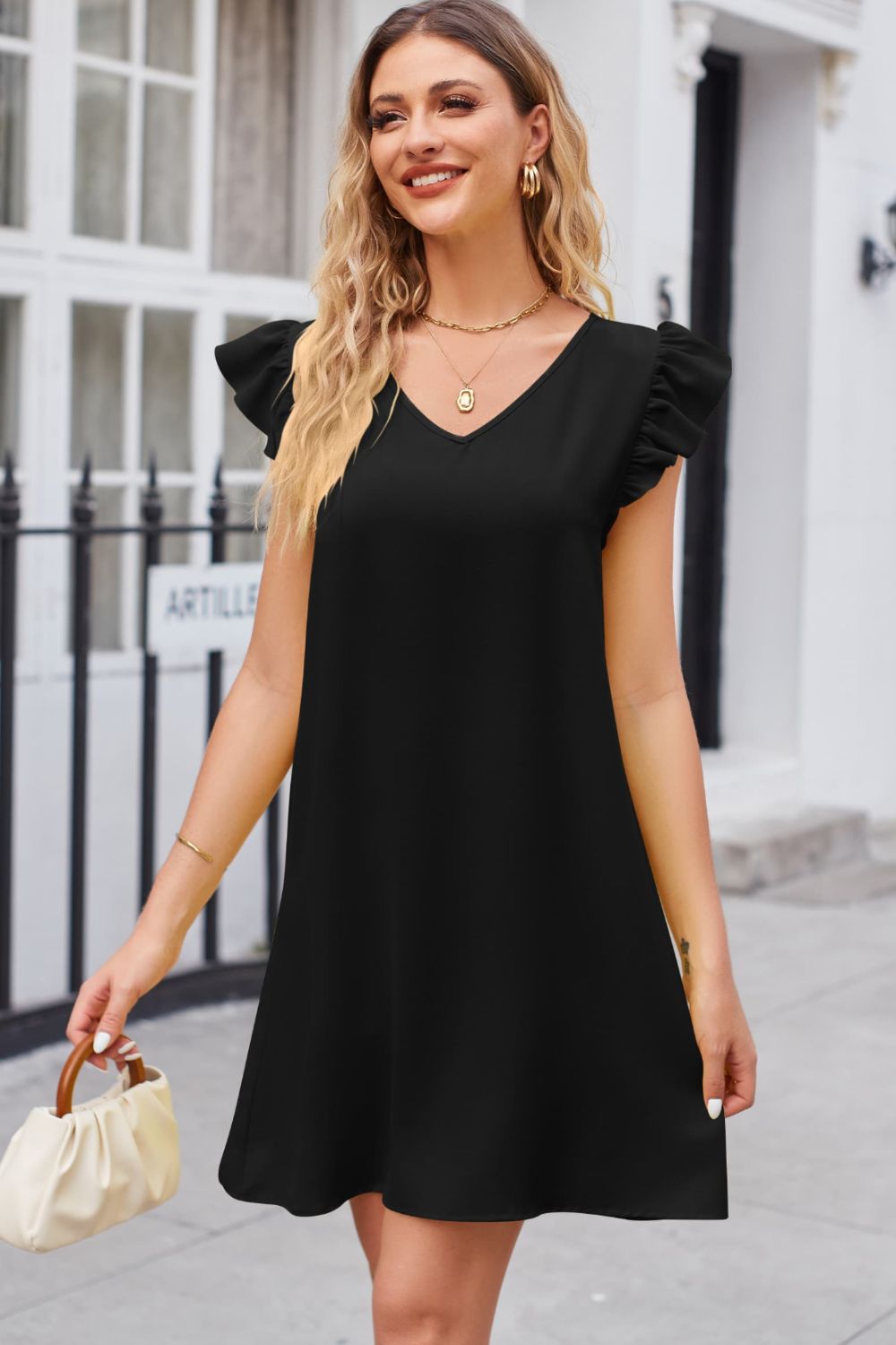 ruffled v-neck flutter sleeve dress