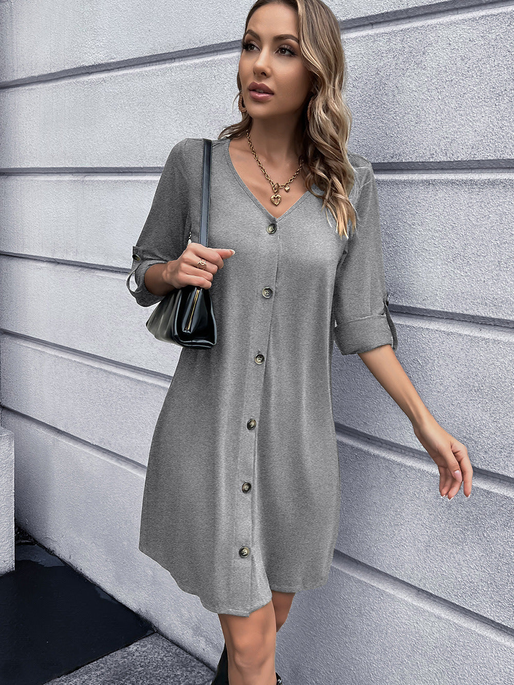 button down v-neck mini dress