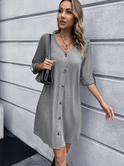 Button Down V-Neck Mini Dress