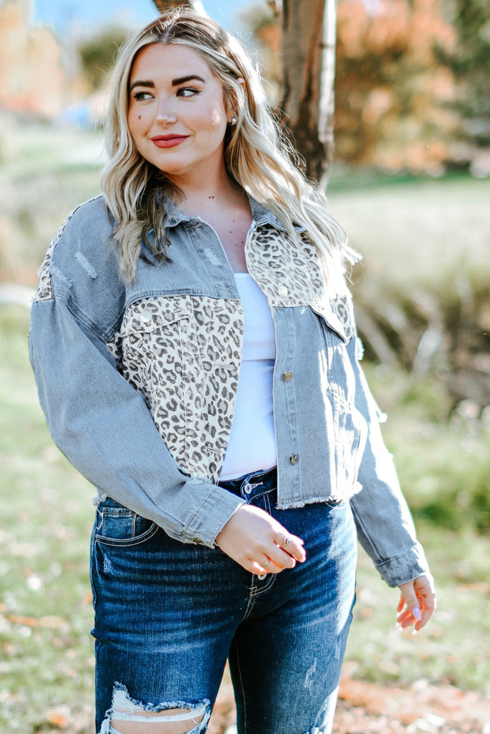 plus size leopard raw hem distressed spliced denim jacket