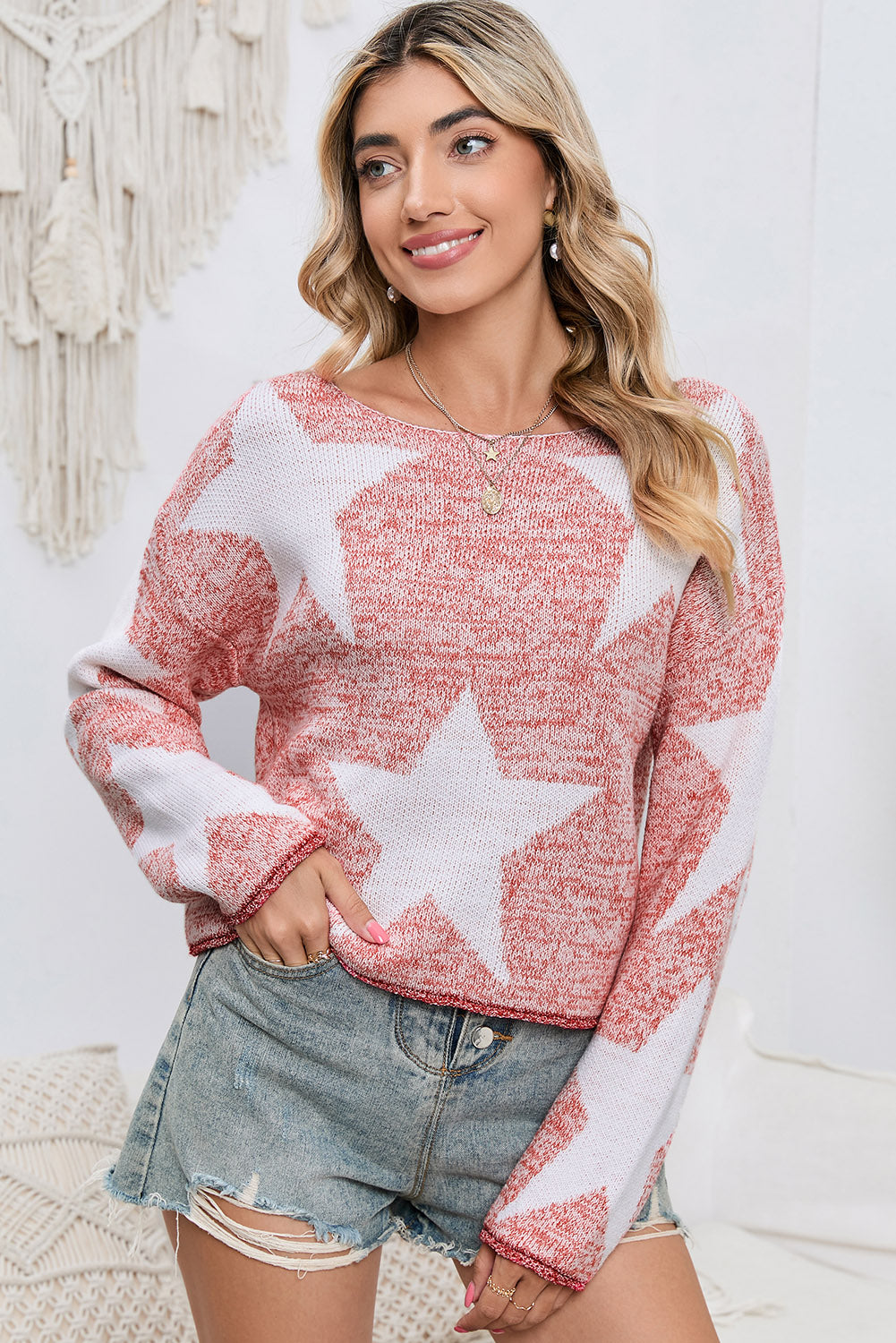 star pattern dropped shoulder knit top