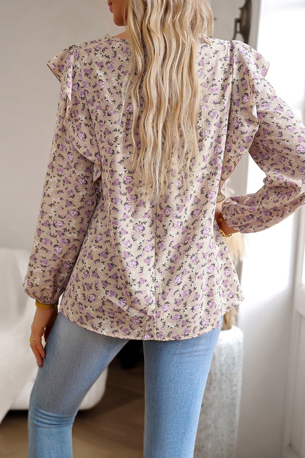 printed round neck long sleeve blouse