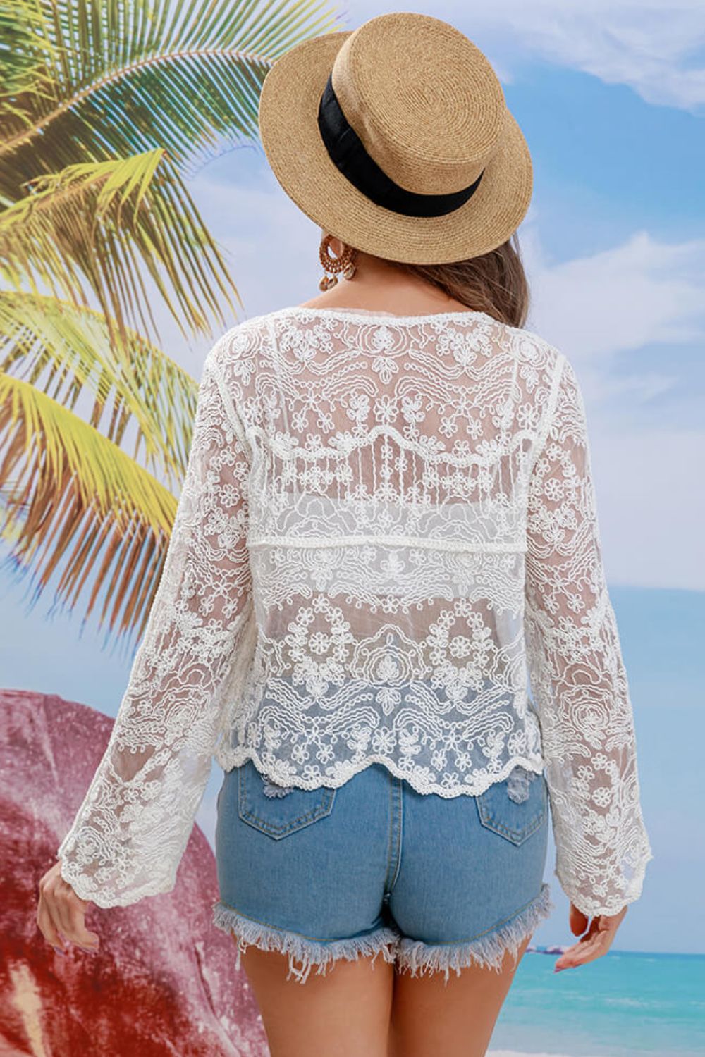 buttoned sheer lace cover up