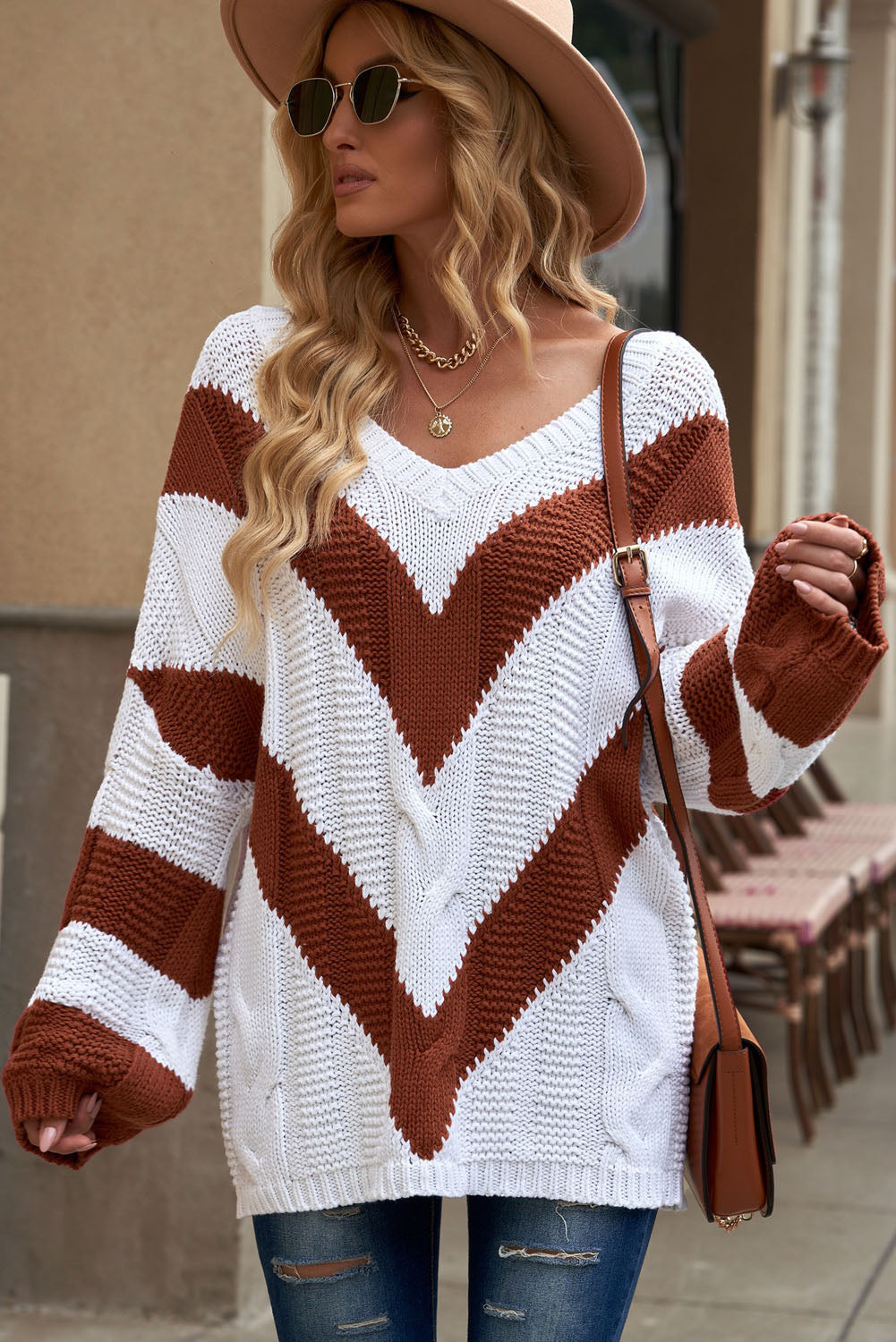 woven right chevron cable-knit v-neck tunic sweater