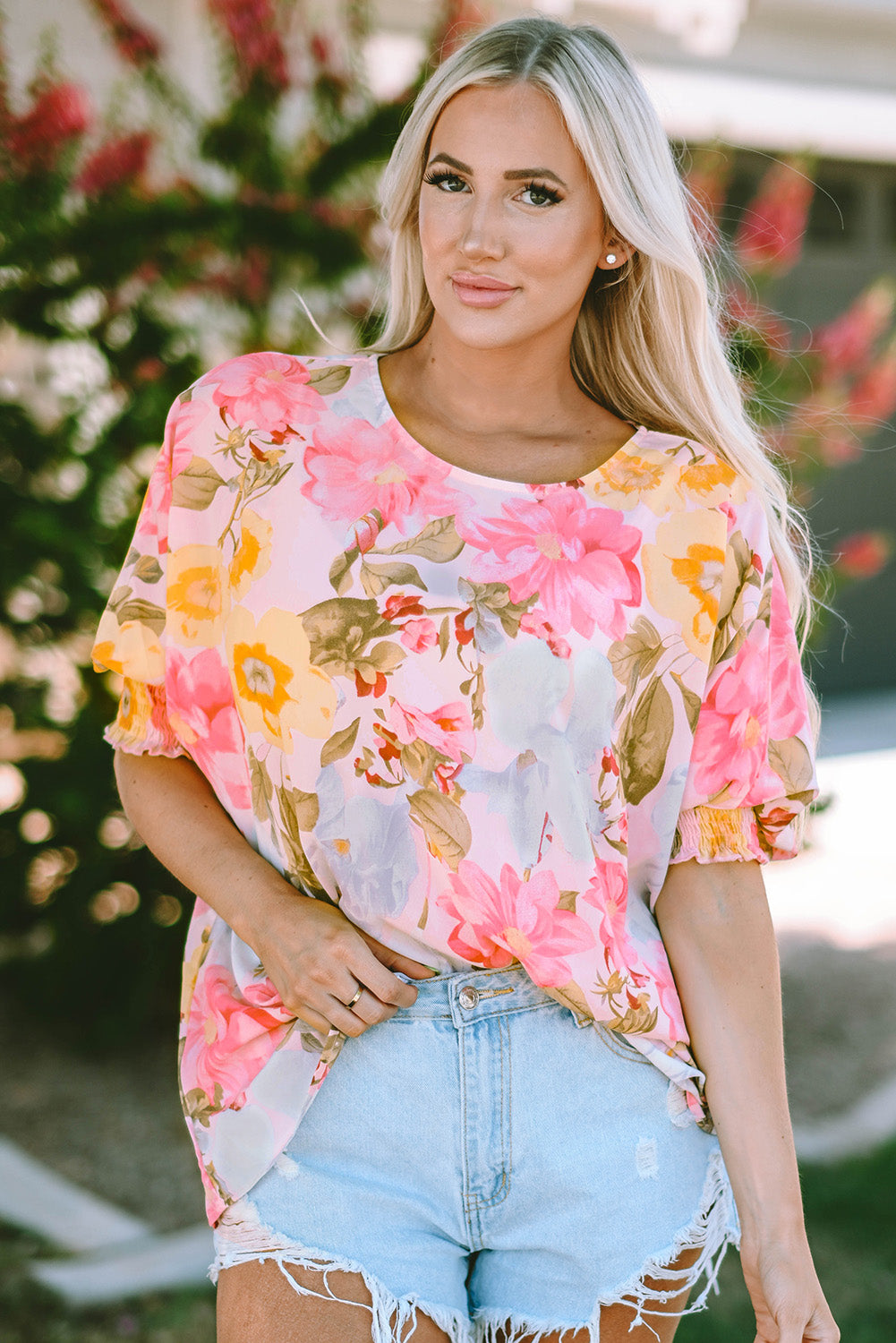 floral round neck three-quarter sleeve top