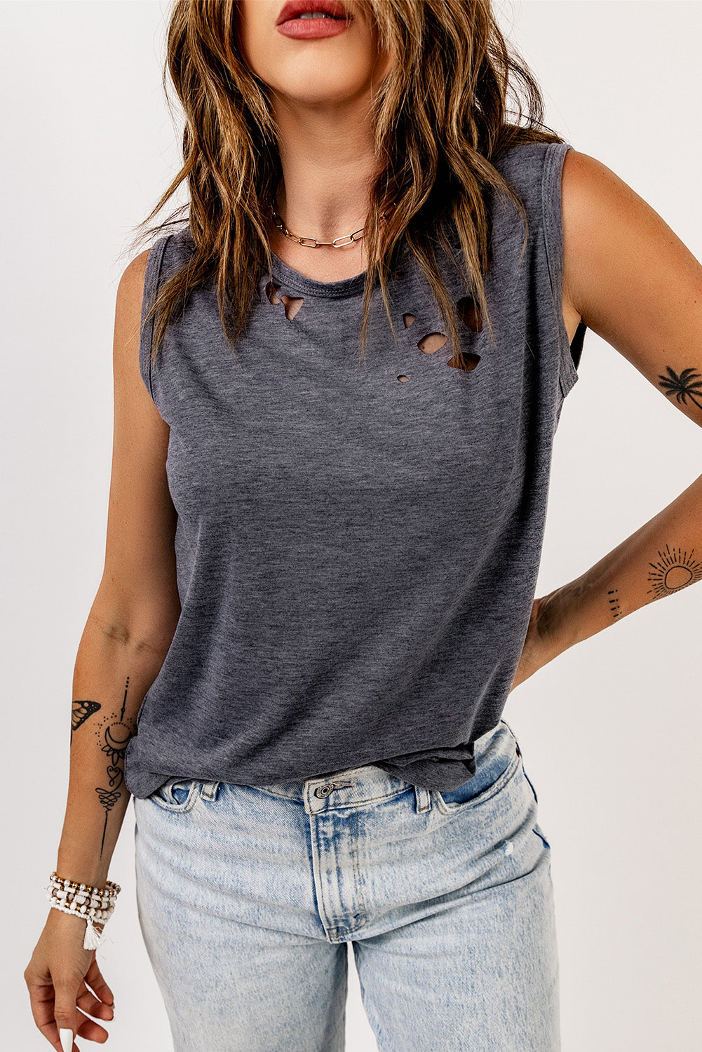 distressed round neck tank