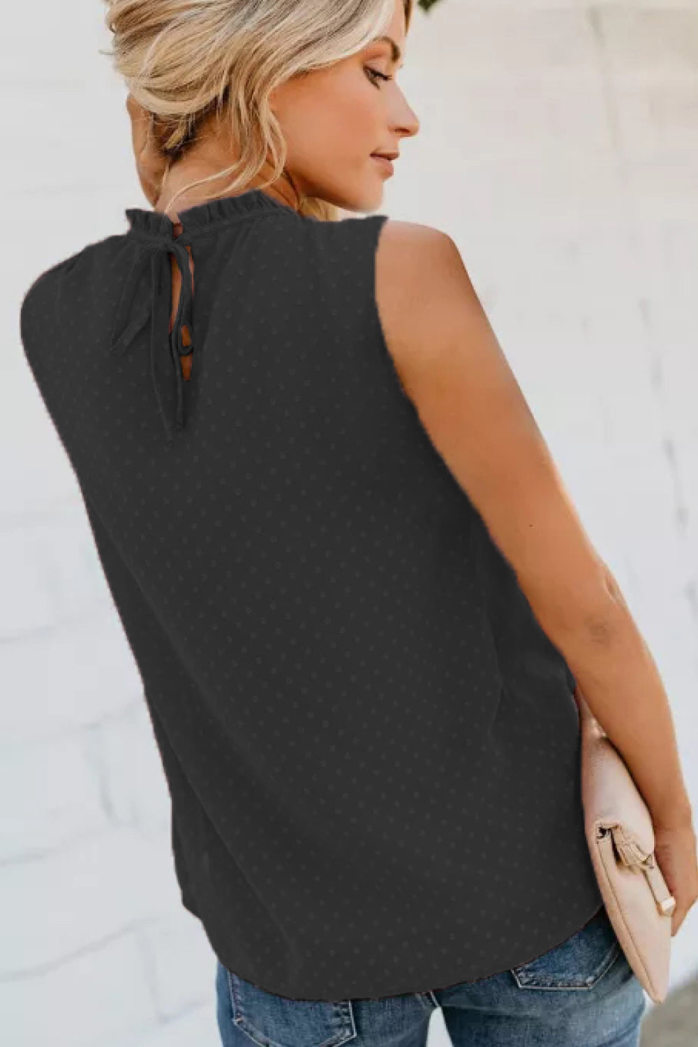 smocked tie back frill trim tank