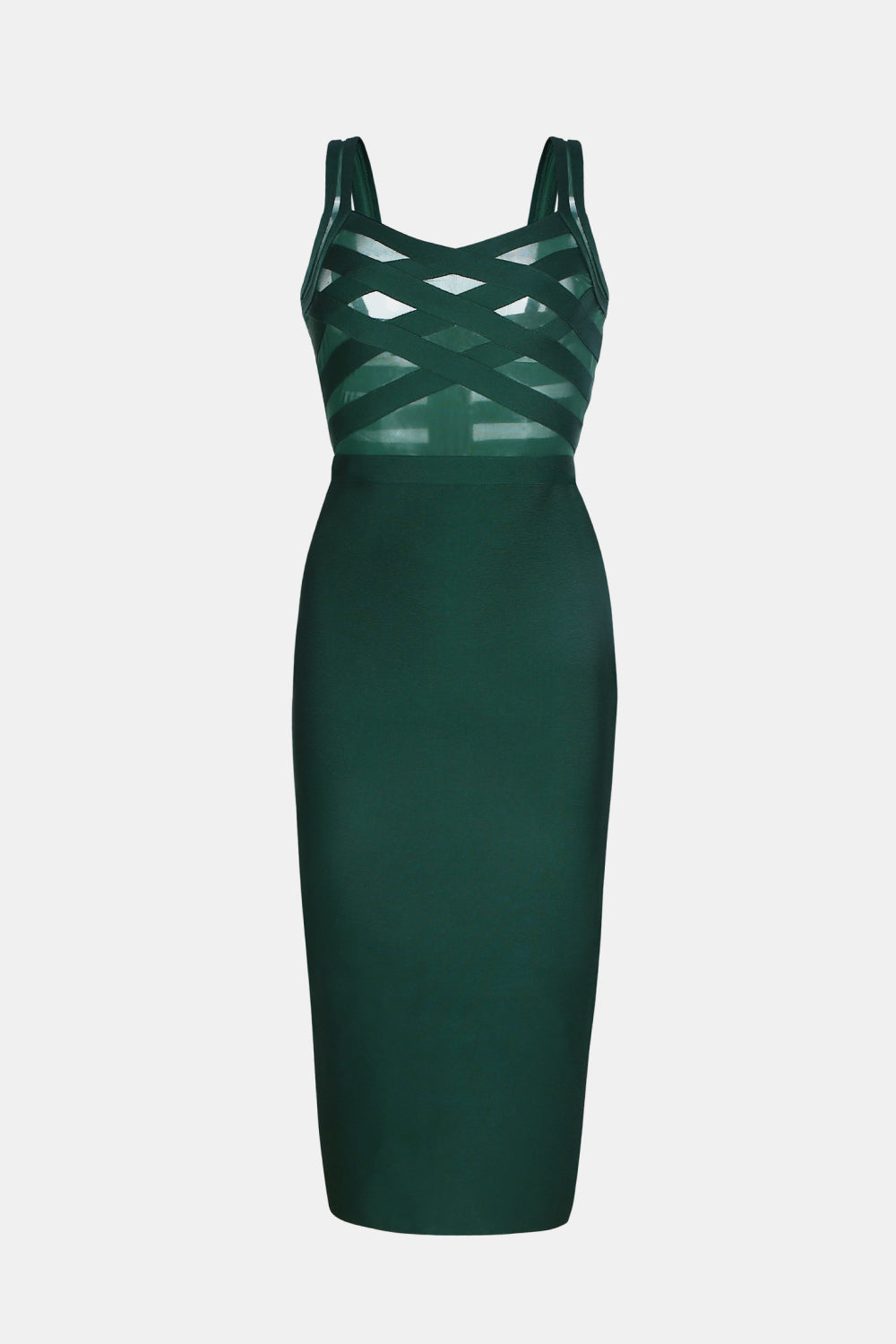 sleeveless spliced mesh midi bandage dress