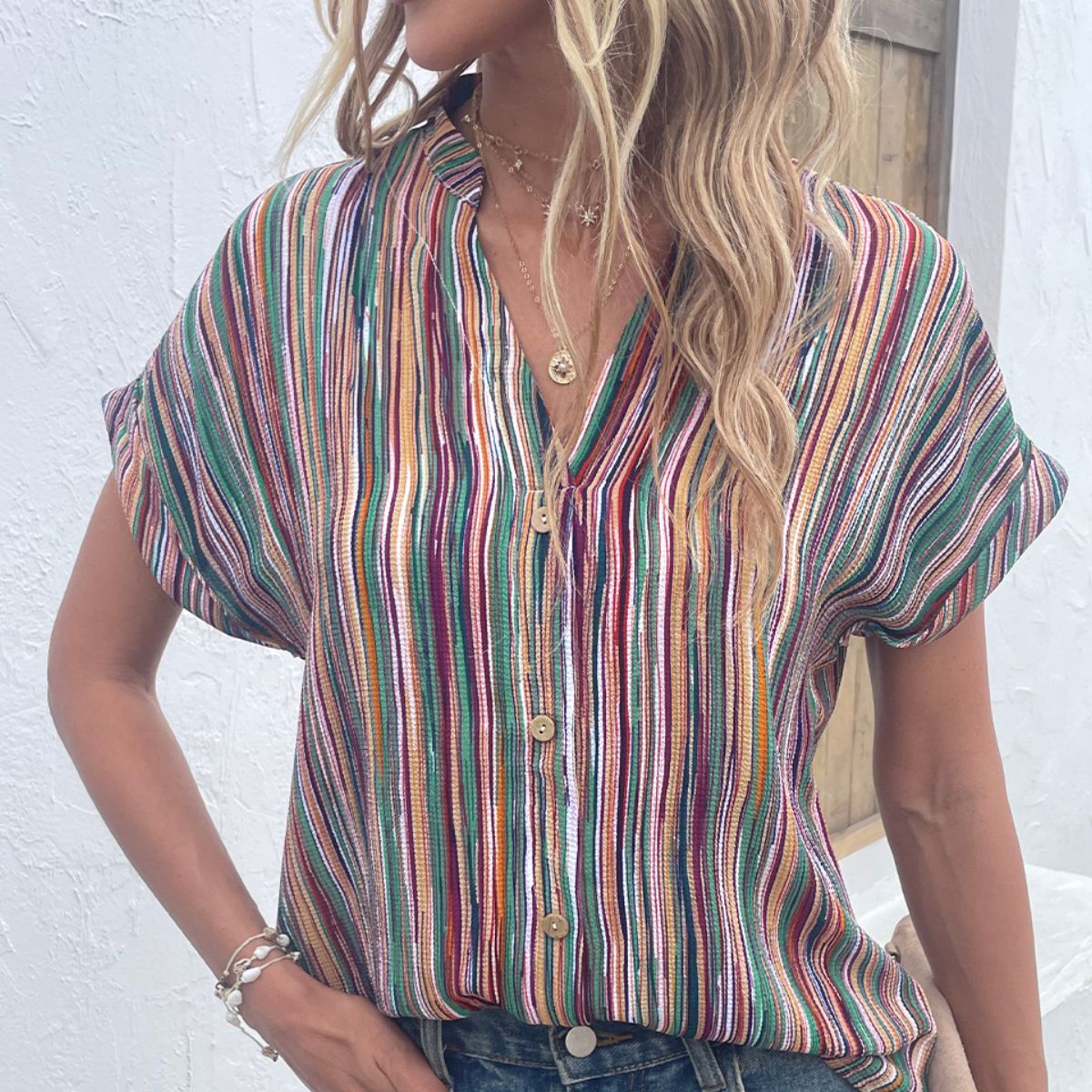 multicolored stripe notched neck top