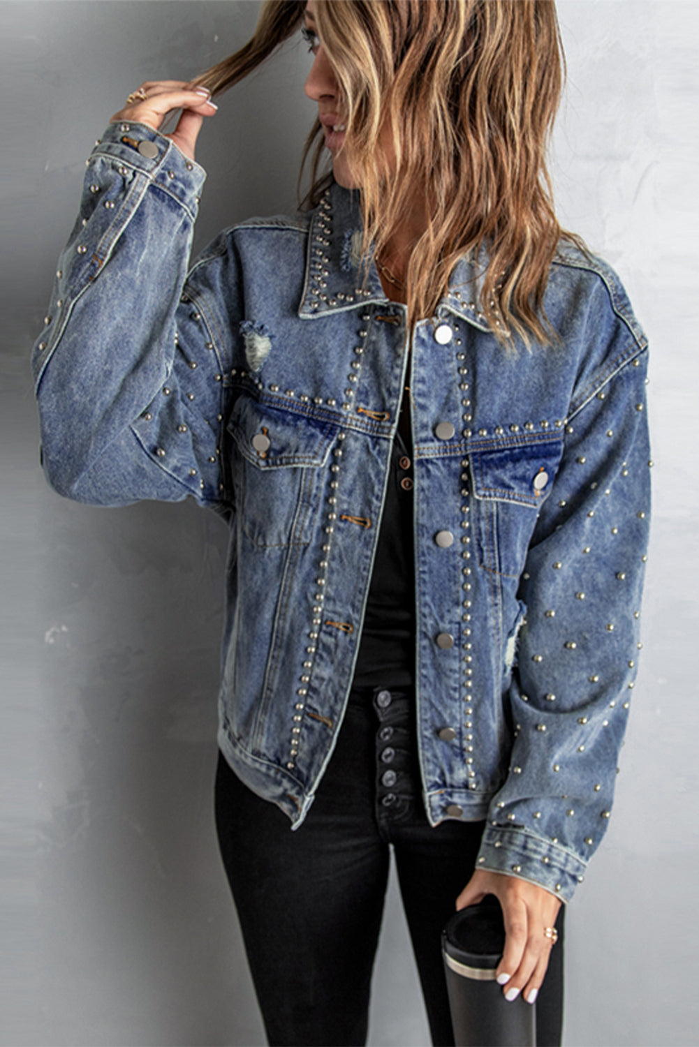 studded button down denim jacket