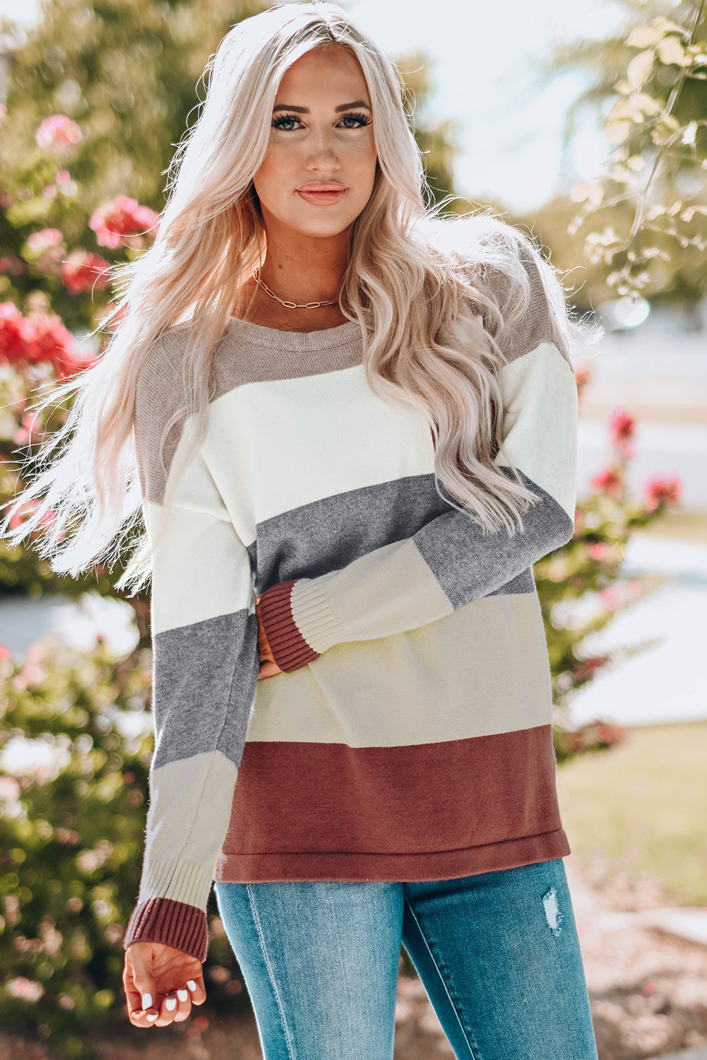 woven right color block drop shoulder round neck sweater