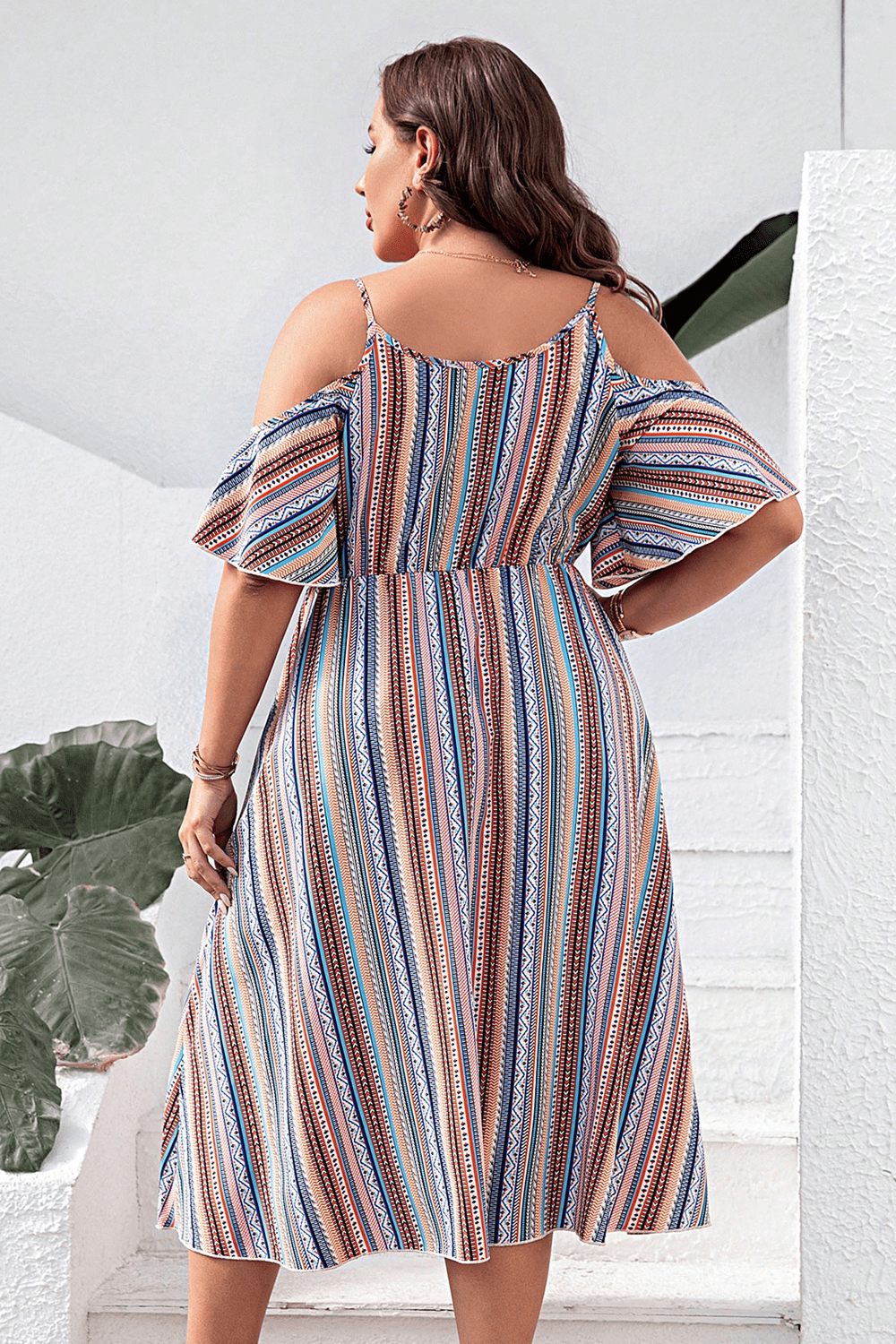 plus size striped cold-shoulder dress