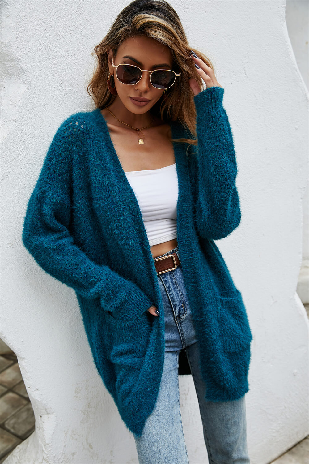 open front openwork fuzzy cardigan with pockets