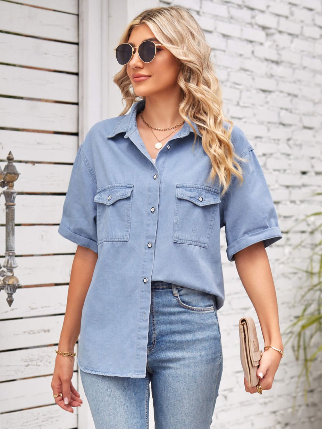 collared neck short sleeve denim jacket