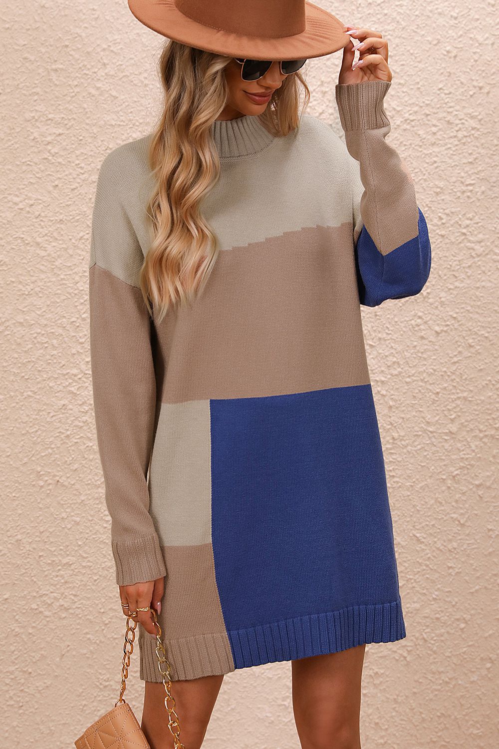 color block mock neck dropped shoulder sweater dress