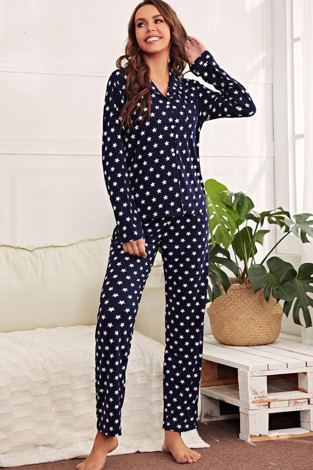 star print button-up shirt and pants lounge set