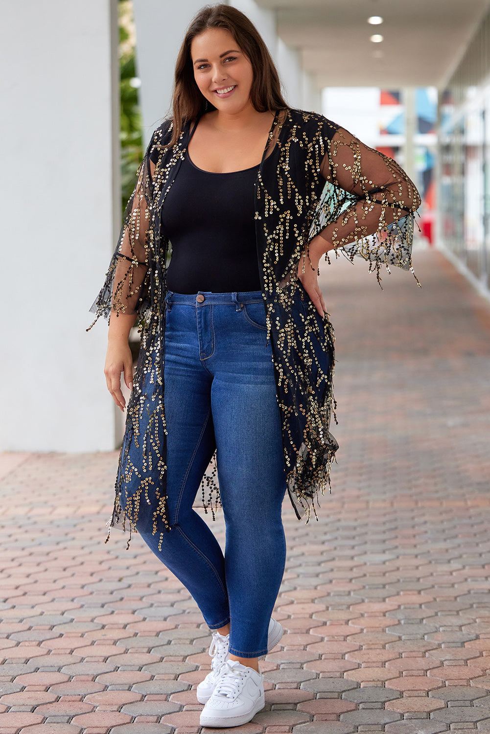 plus size contrast sequin sheer mesh cardigan