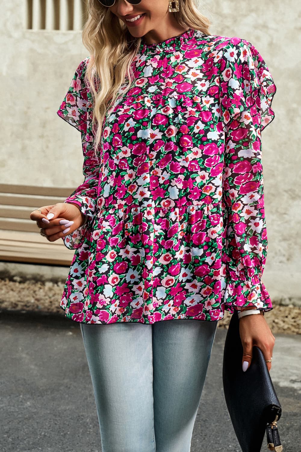 printed round neck flounce sleeve blouse