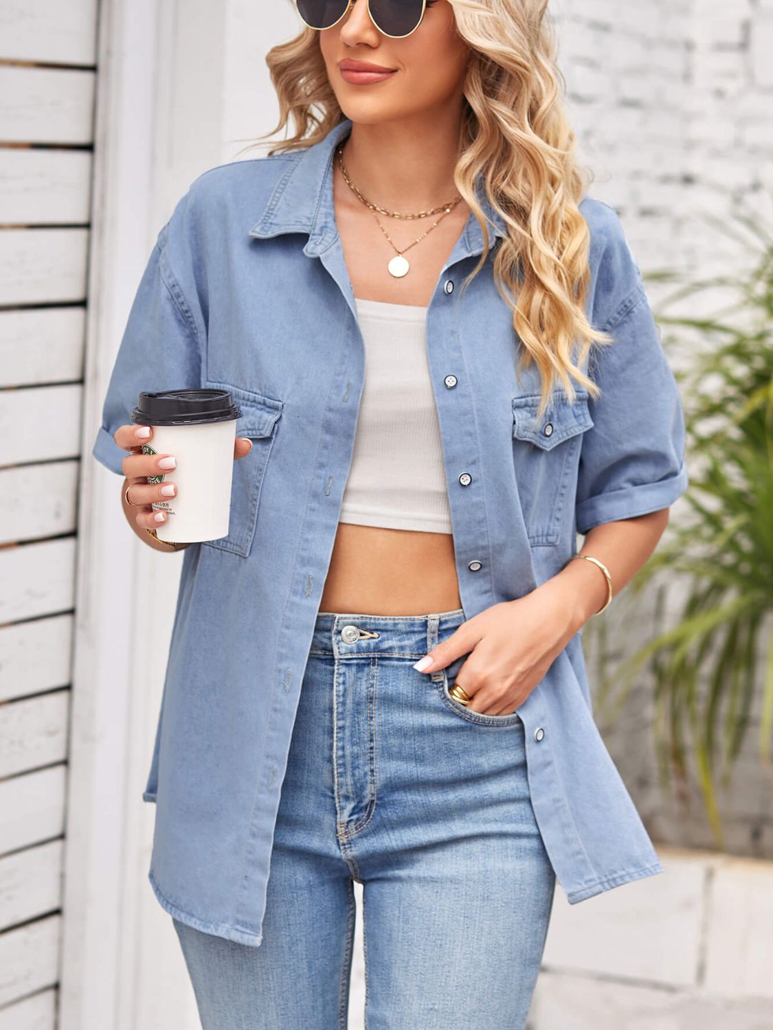 collared neck short sleeve denim jacket