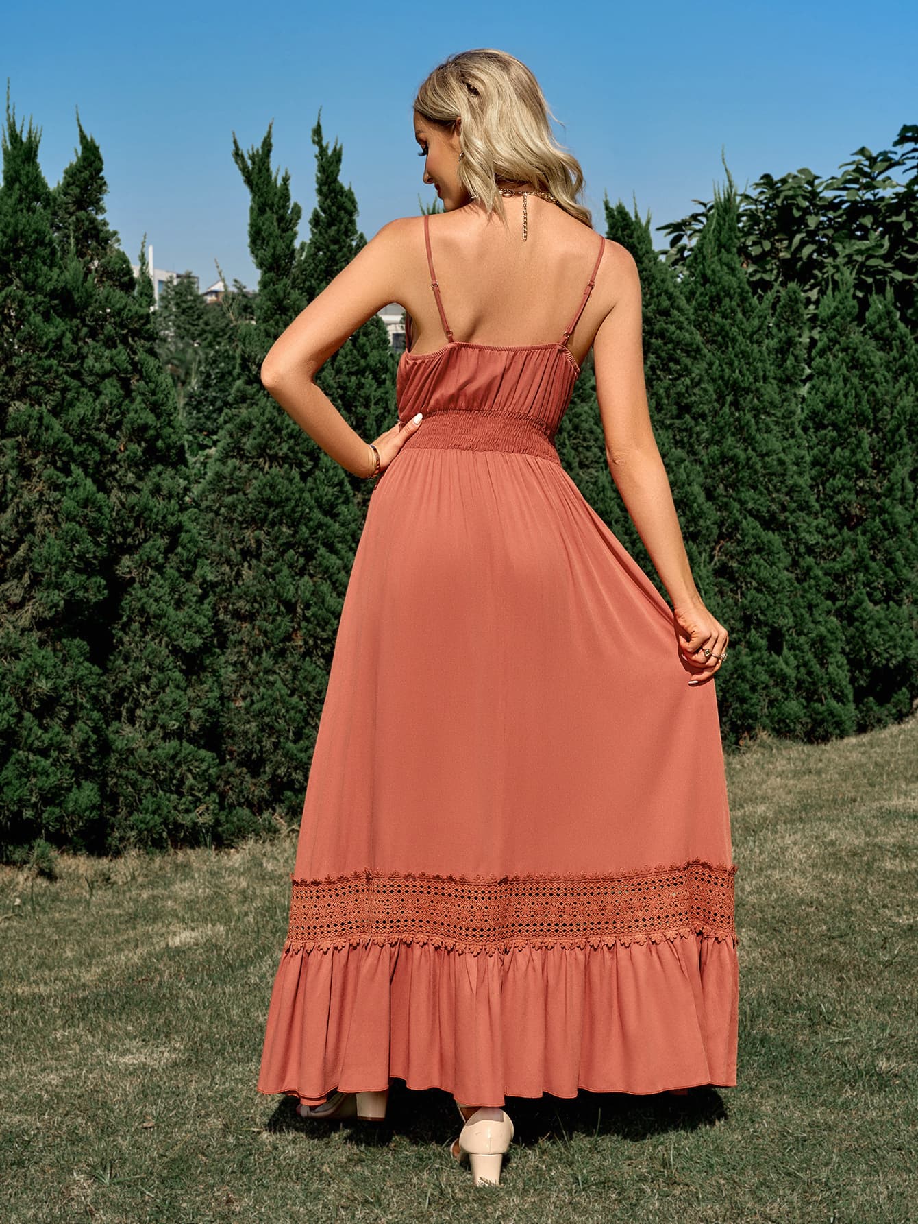 spaghetti strap smocked waist spliced lace dress