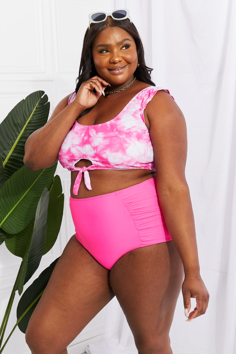 marina west swim sanibel crop swim top and ruched bottoms set in pink