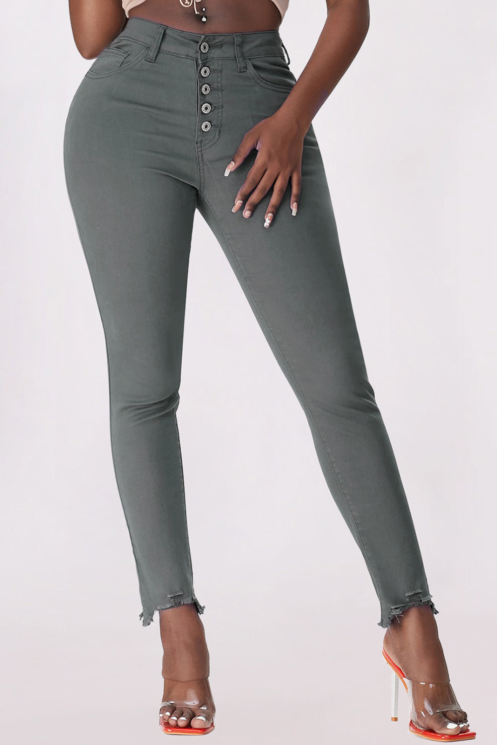 baeful button fly hem detail skinny jeans