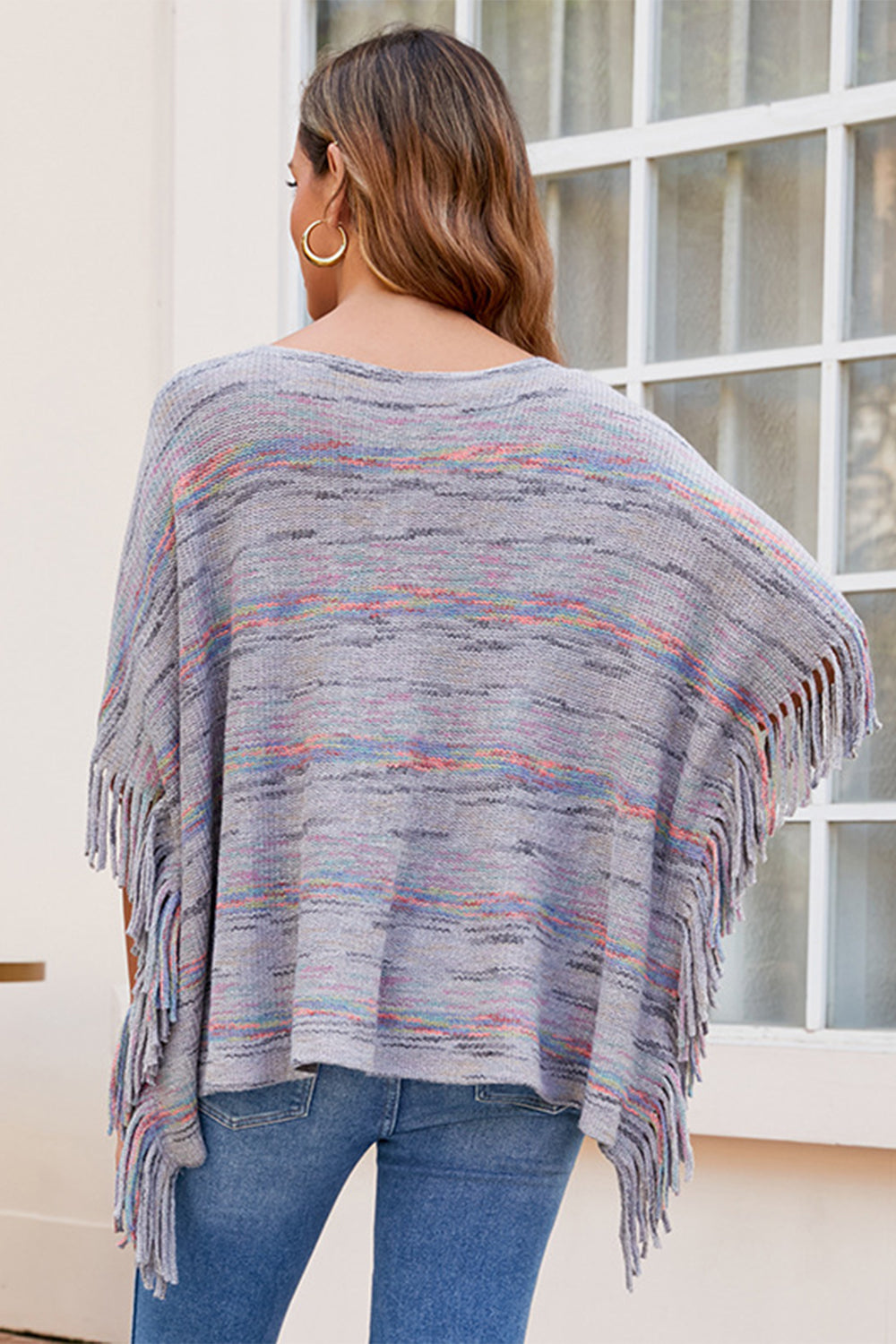 round neck fringe detail sleeve poncho