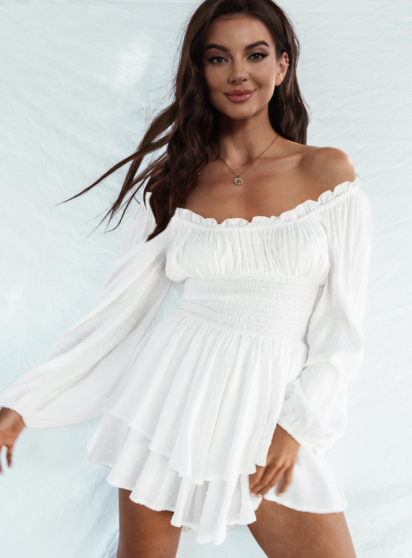 off shoulder smocked waist romper