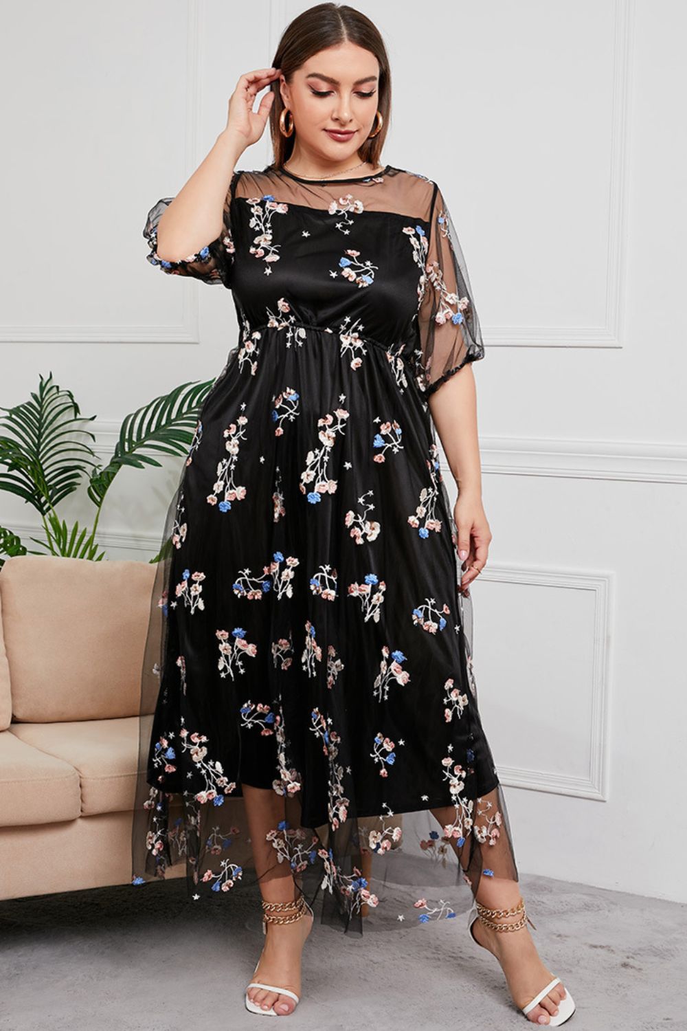 plus size layered mesh round neck maxi dress