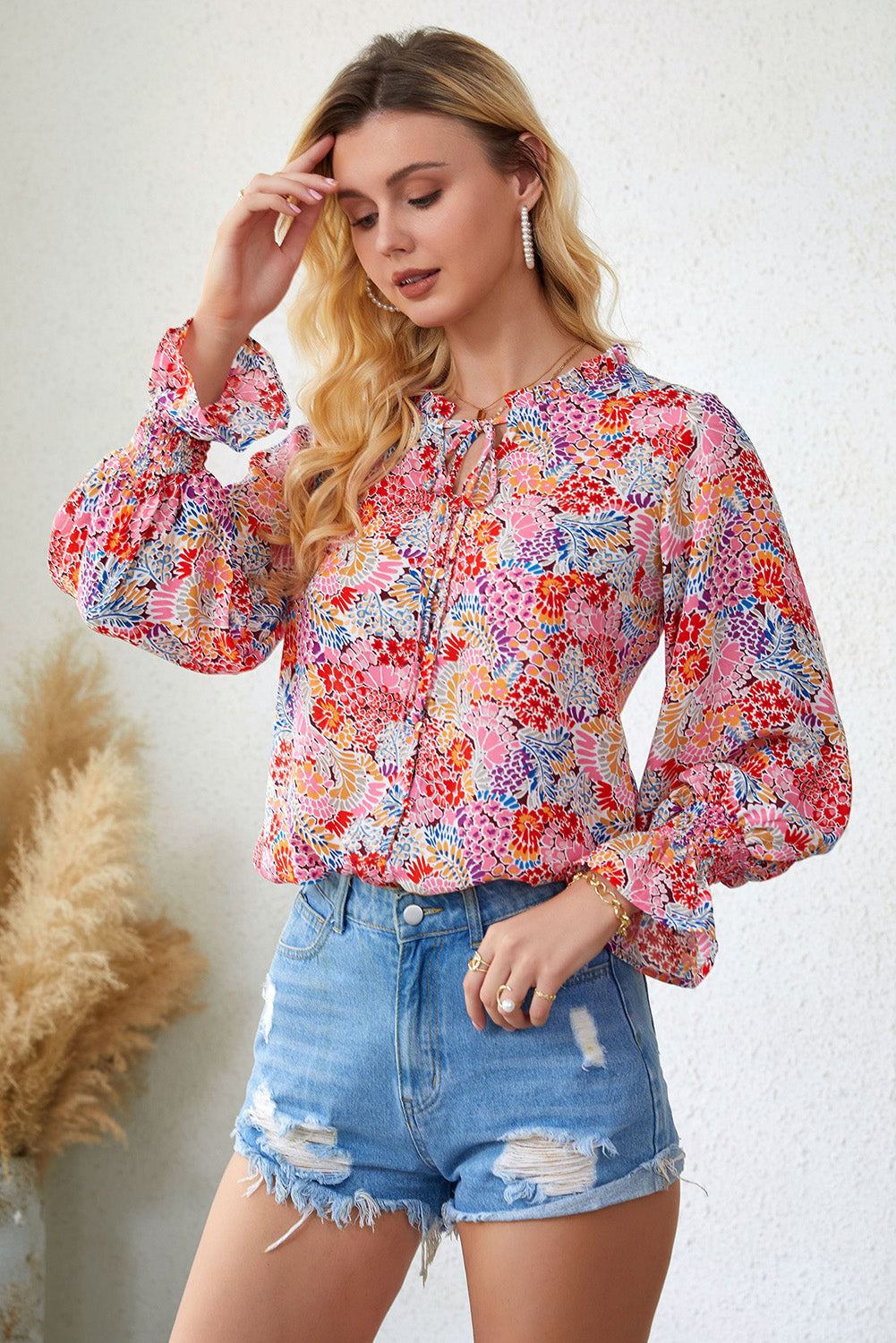 floral frill trim tie neck flounce sleeve blouse