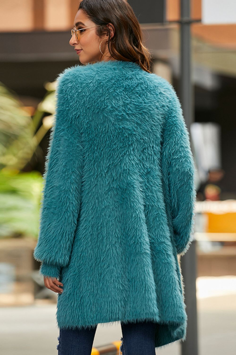 open front fuzzy cardigan with pockets