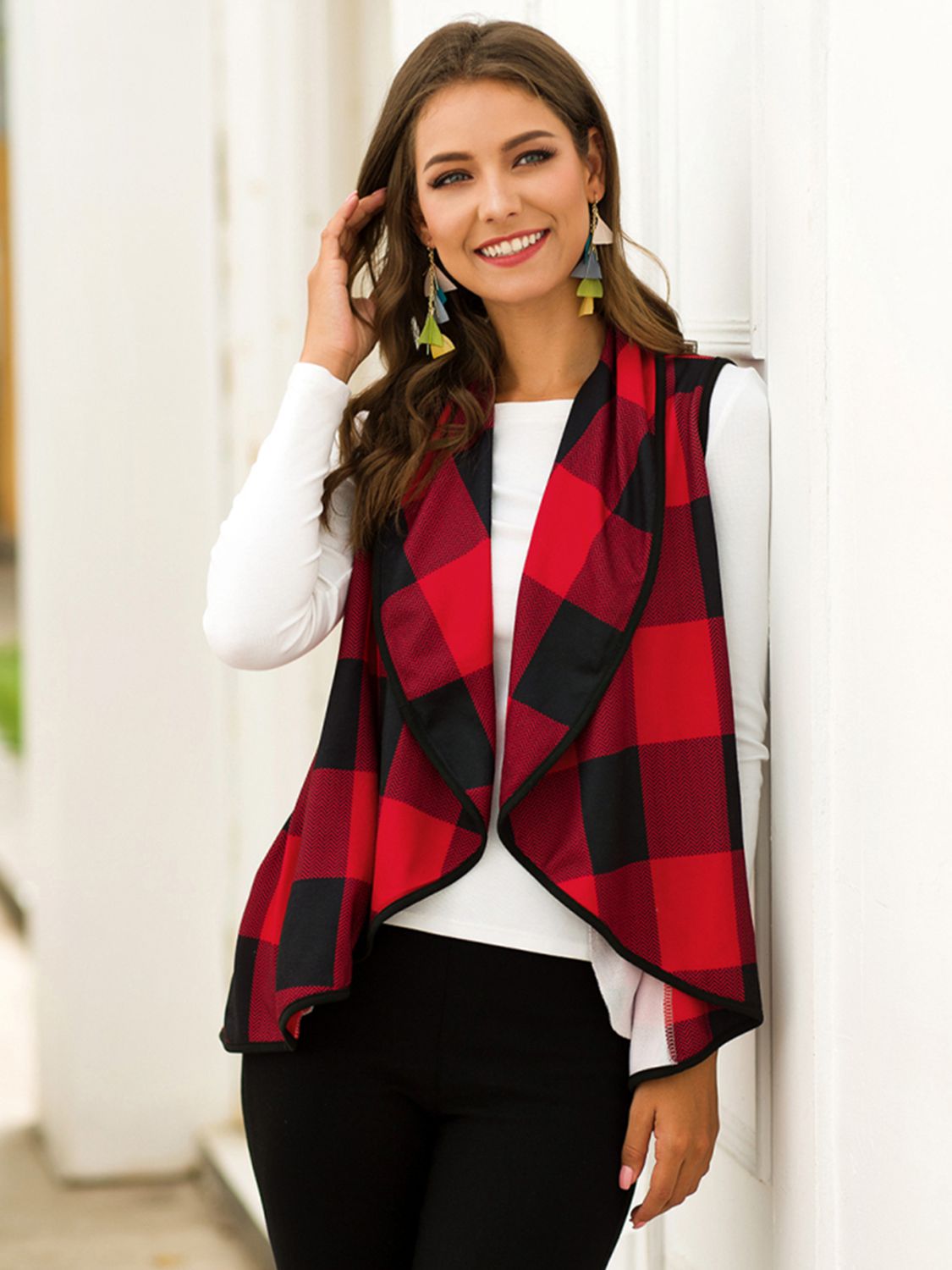 plaid open front sleeveless cardigan