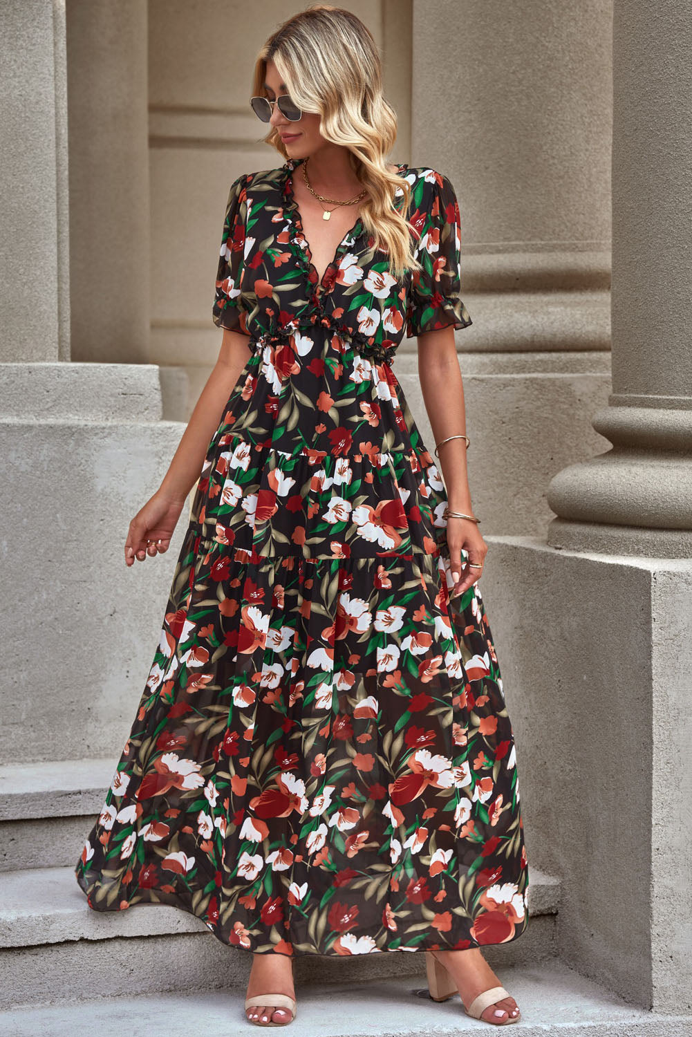 floral v-neck short flounce sleeve dress