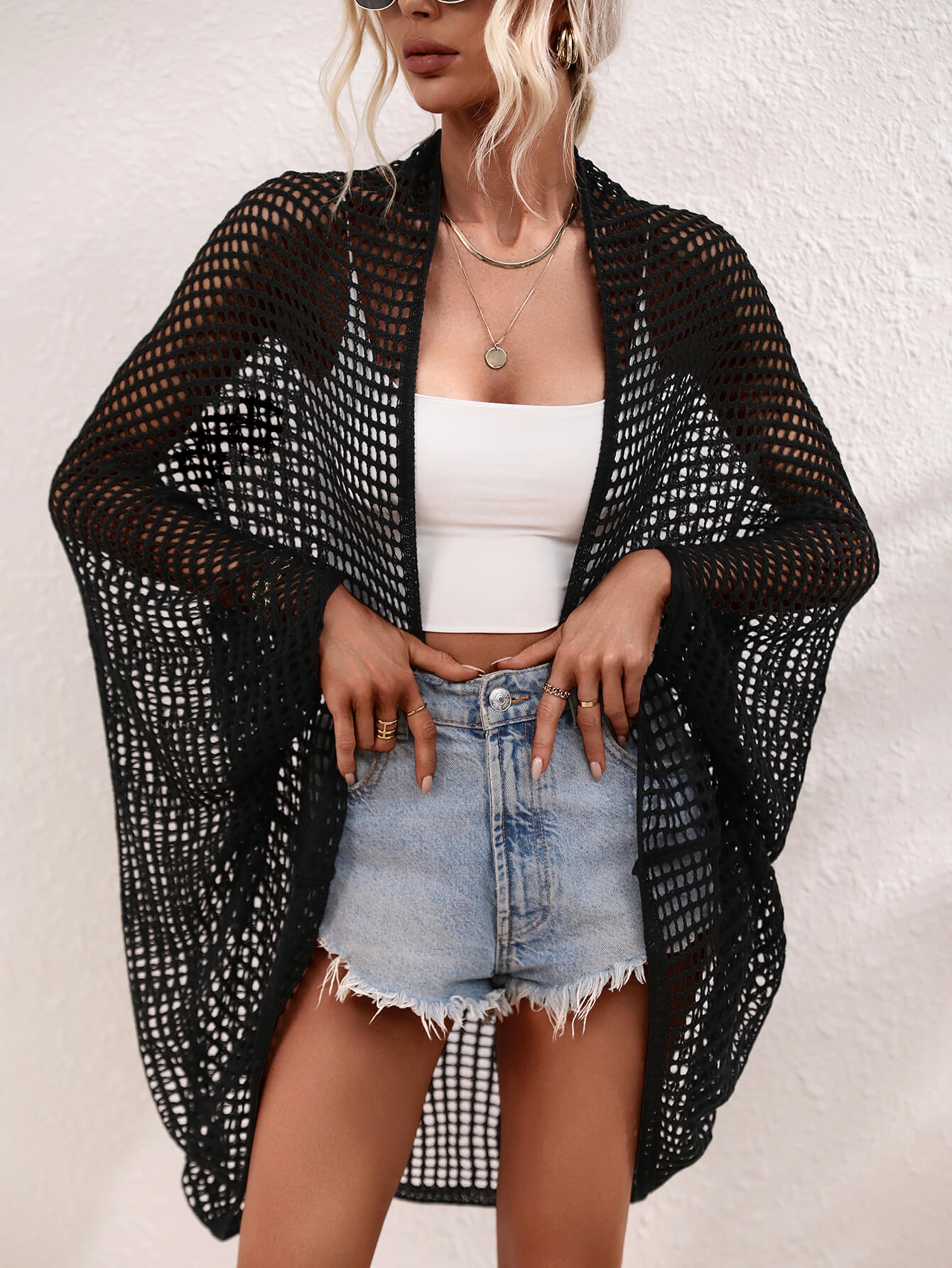 openwork open front longline cover up